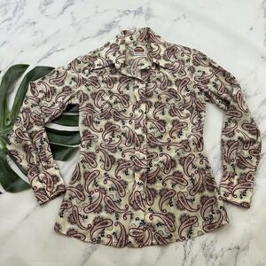 Miller Western Wear Womens Vintage Pearl Snap Shirt Size M White Red Paisley 70s